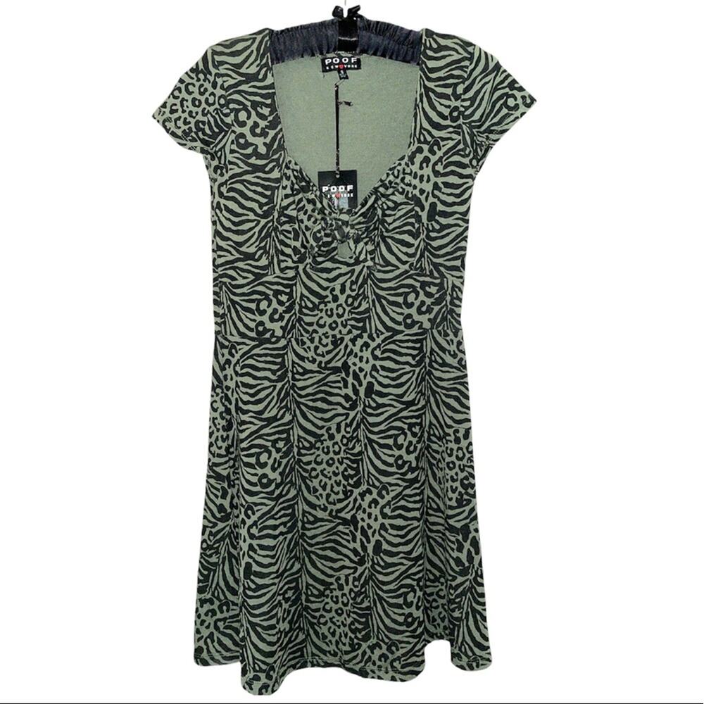 Poof New York Animal Print Sage Green Front Tie Cap Sleeve Mini T-shirt Dress S